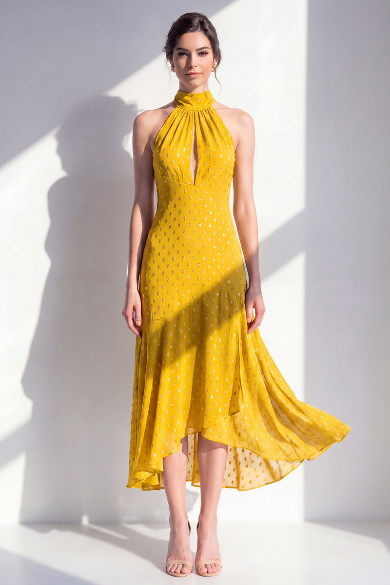 Laden Sie das Bild in den Galerie-Viewer, Olive A-Linie Chiffon-Midi-Kleid mit Neckholderhals