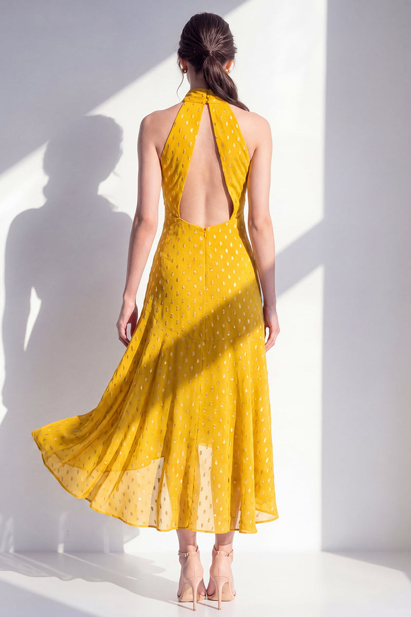 Laden Sie das Bild in den Galerie-Viewer, Olive A-Linie Chiffon-Midi-Kleid mit Neckholderhals