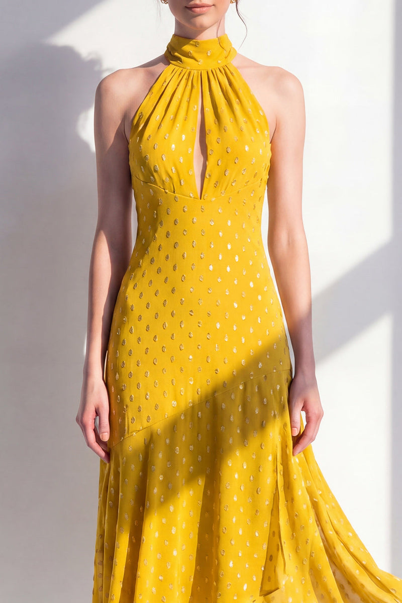 Laden Sie das Bild in den Galerie-Viewer, Olive A-Linie Chiffon-Midi-Kleid mit Neckholderhals