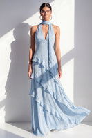 Laden Sie das Bild in den Galerie-Viewer, A-Linie gelbes Neckholderhals-Chiffon-Maxikleid mit Rüschen