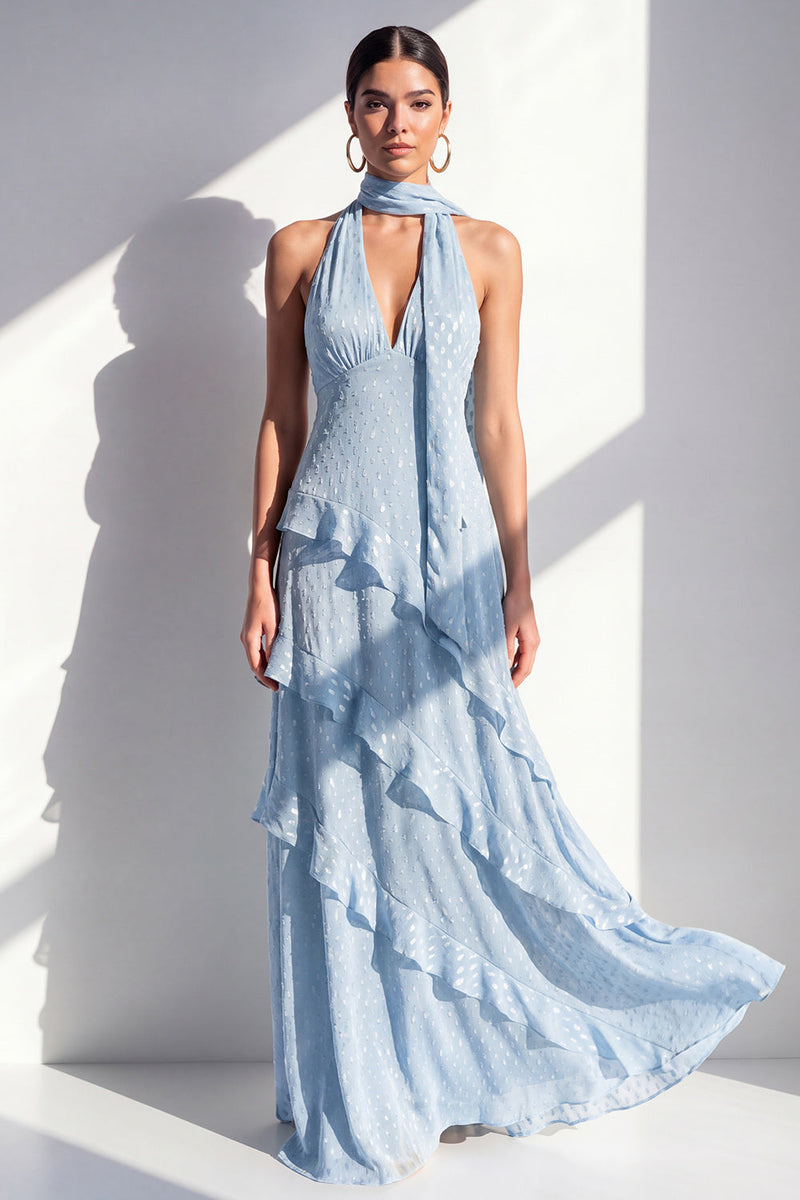 Laden Sie das Bild in den Galerie-Viewer, A-Linie gelbes Neckholderhals-Chiffon-Maxikleid mit Rüschen