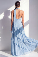 Laden Sie das Bild in den Galerie-Viewer, A-Linie gelbes Neckholderhals-Chiffon-Maxikleid mit Rüschen