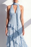 Laden Sie das Bild in den Galerie-Viewer, A-Linie gelbes Neckholderhals-Chiffon-Maxikleid mit Rüschen