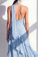 Laden Sie das Bild in den Galerie-Viewer, A-Linie gelbes Neckholderhals-Chiffon-Maxikleid mit Rüschen