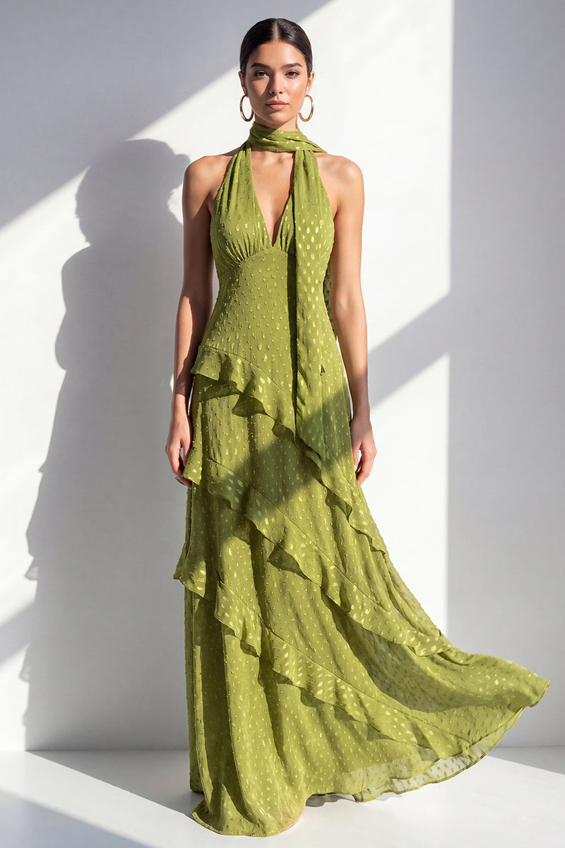 Laden Sie das Bild in den Galerie-Viewer, A-Linie gelbes Neckholderhals-Chiffon-Maxikleid mit Rüschen