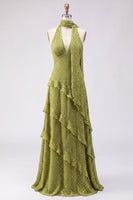 Laden Sie das Bild in den Galerie-Viewer, A-Linie gelbes Neckholderhals-Chiffon-Maxikleid mit Rüschen