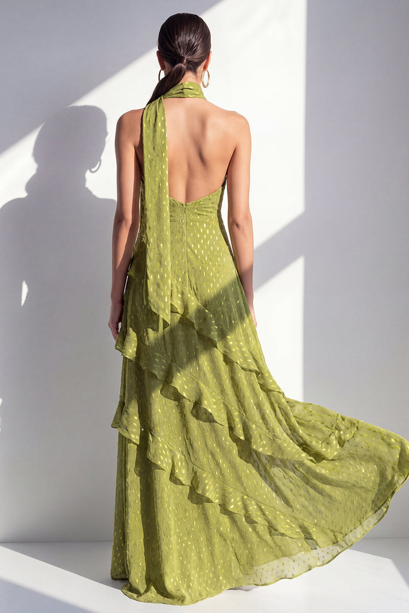 Laden Sie das Bild in den Galerie-Viewer, A-Linie gelbes Neckholderhals-Chiffon-Maxikleid mit Rüschen