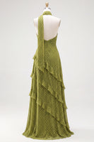 Laden Sie das Bild in den Galerie-Viewer, A-Linie gelbes Neckholderhals-Chiffon-Maxikleid mit Rüschen