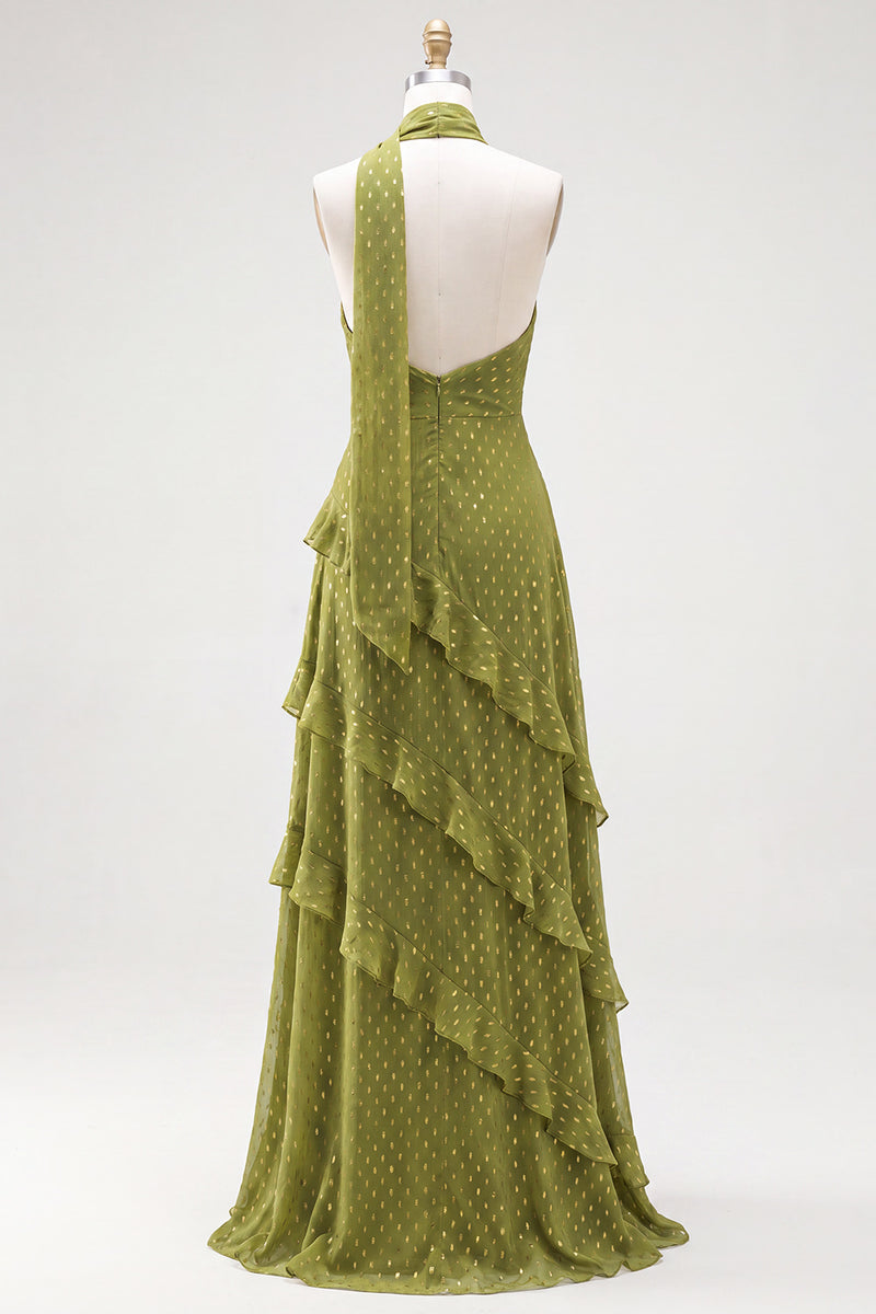 Laden Sie das Bild in den Galerie-Viewer, A-Linie gelbes Neckholderhals-Chiffon-Maxikleid mit Rüschen