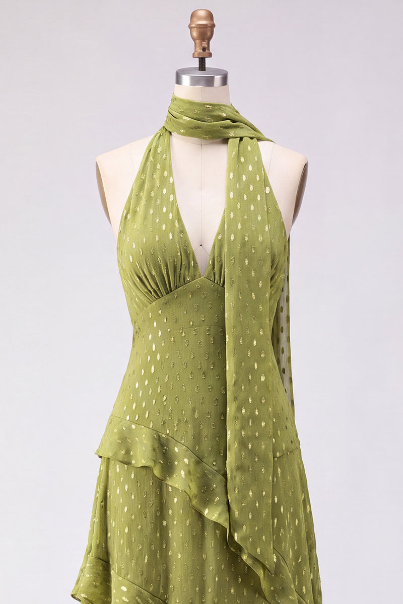 Laden Sie das Bild in den Galerie-Viewer, A-Linie gelbes Neckholderhals-Chiffon-Maxikleid mit Rüschen