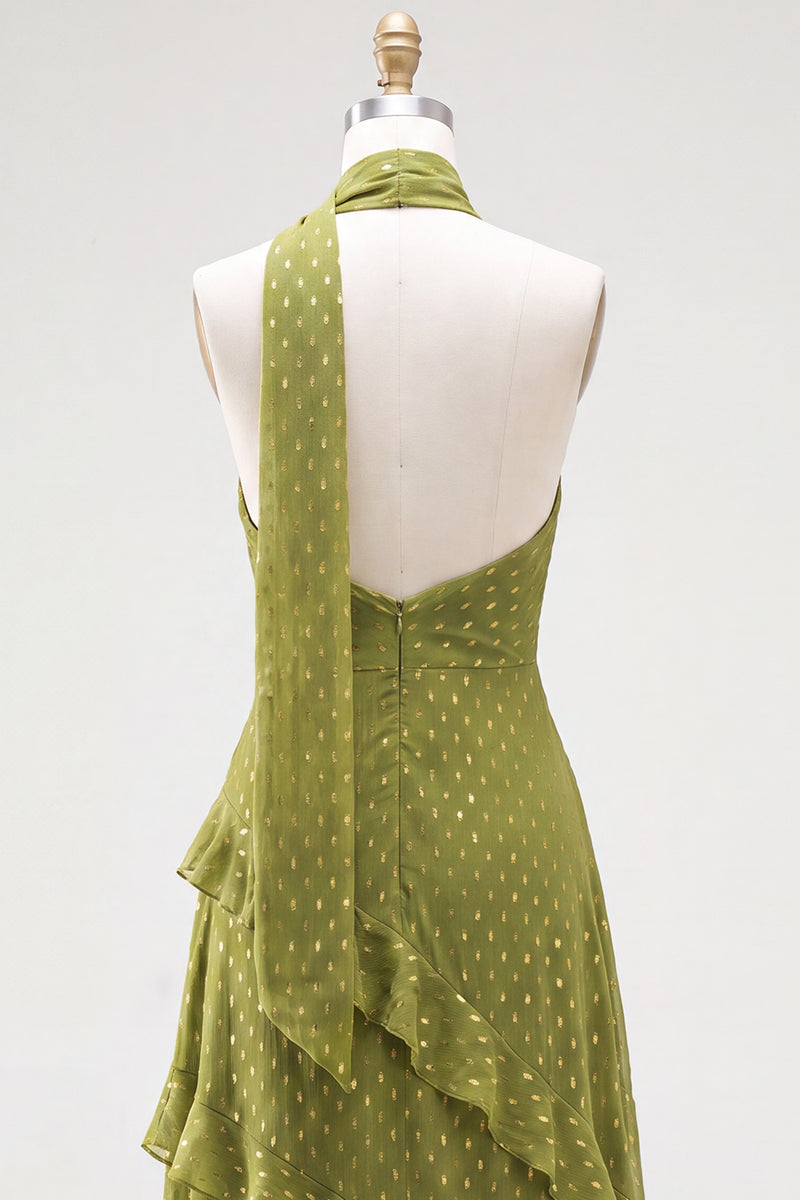Laden Sie das Bild in den Galerie-Viewer, A-Linie gelbes Neckholderhals-Chiffon-Maxikleid mit Rüschen