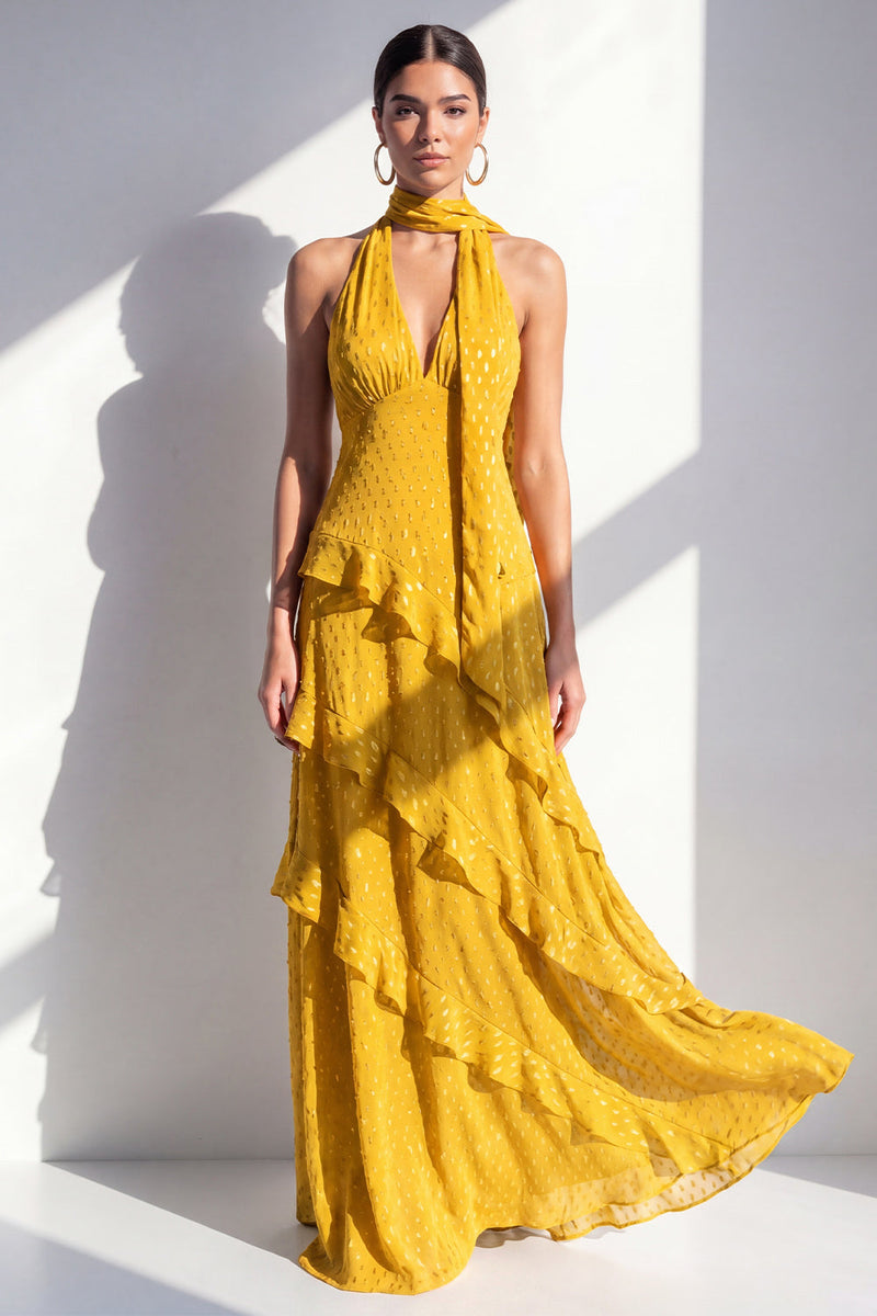 Laden Sie das Bild in den Galerie-Viewer, A-Linie gelbes Neckholderhals-Chiffon-Maxikleid mit Rüschen