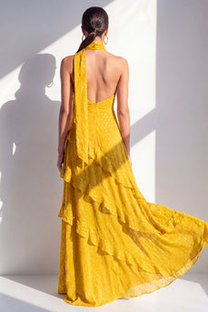 A-Linie gelbes Neckholderhals-Chiffon-Maxikleid mit Rüschen