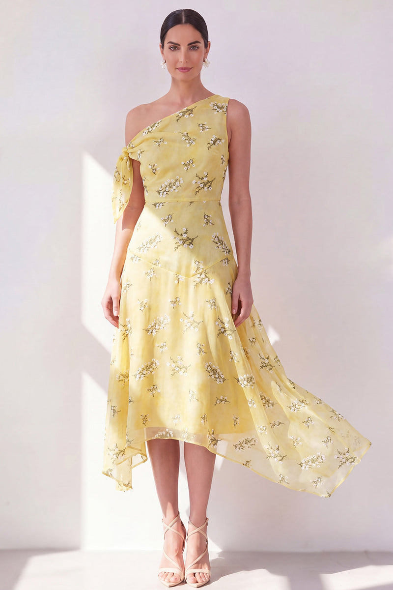 Laden Sie das Bild in den Galerie-Viewer, Asymmetrisches asymmetrisches Midi-Floralkleid mit einer A-Schulter mit gelber Chiffon