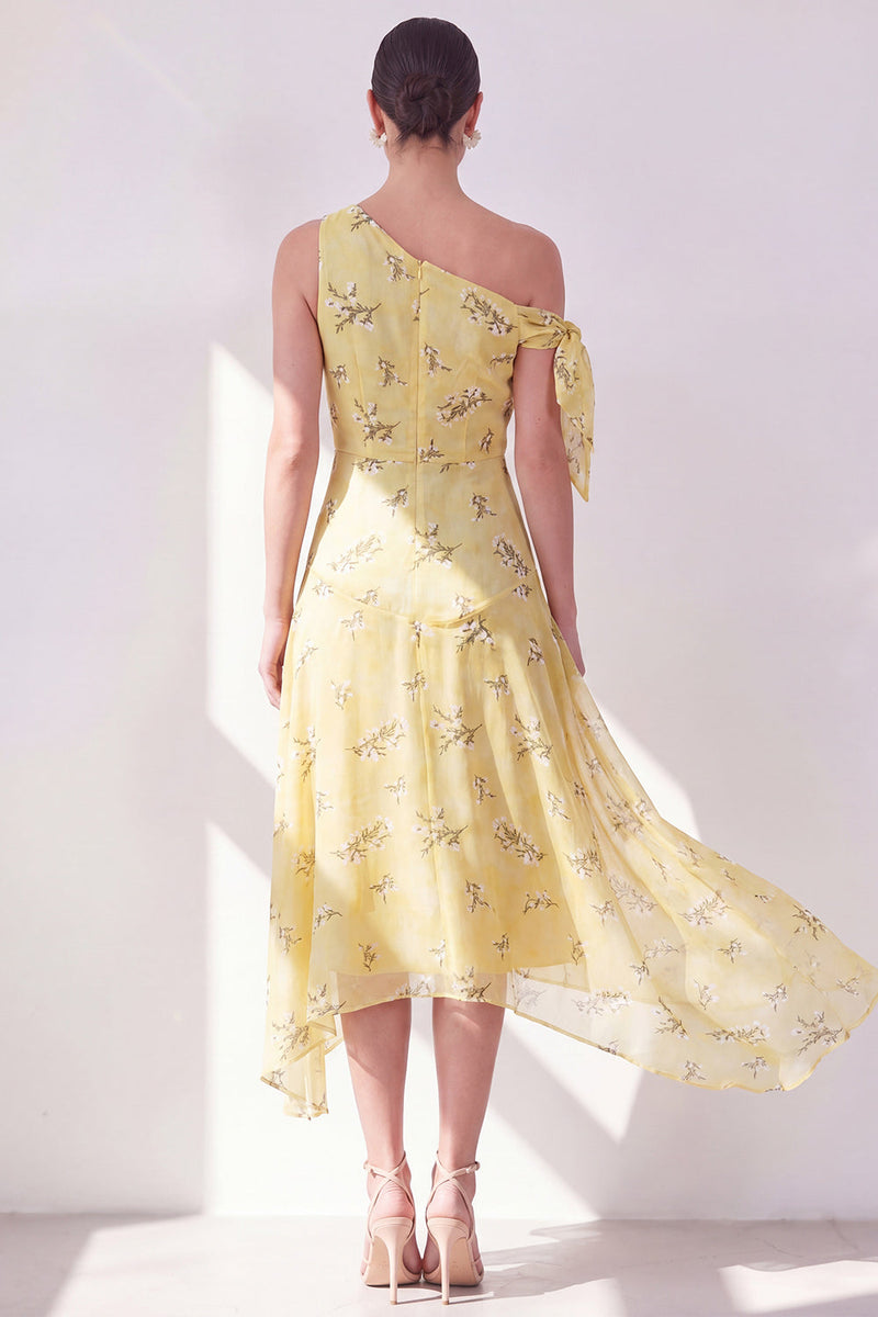Laden Sie das Bild in den Galerie-Viewer, Asymmetrisches asymmetrisches Midi-Floralkleid mit einer A-Schulter mit gelber Chiffon