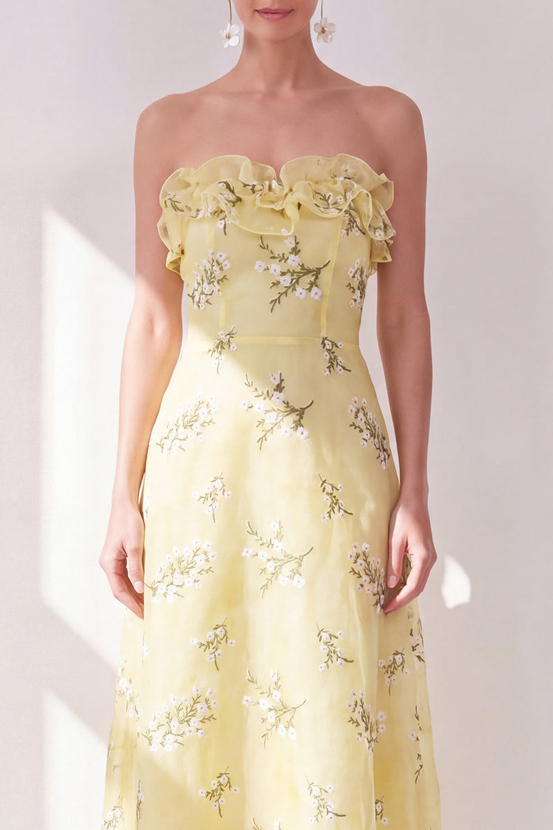 Laden Sie das Bild in den Galerie-Viewer, Gelbes A-Linien trägerloses Chiffon-Dress, mit Rüschen und Midi-Blumen