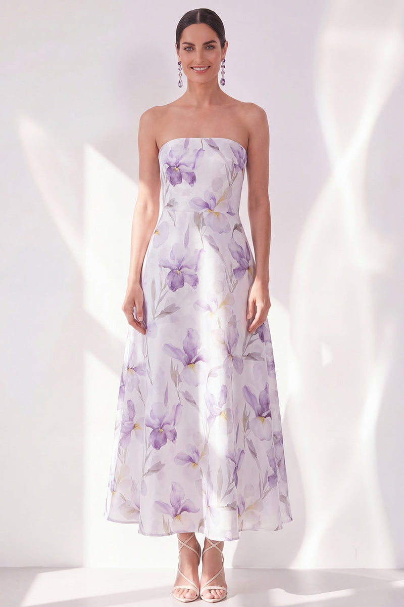 Laden Sie das Bild in den Galerie-Viewer, Lilac Flower A-Line trägerloses Chiffon-Midi-Kleid