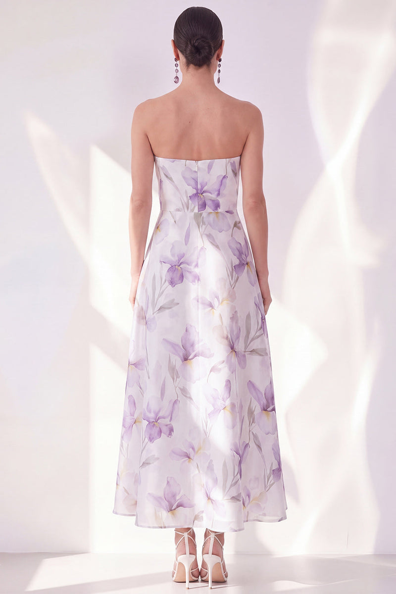 Laden Sie das Bild in den Galerie-Viewer, Lilac Flower A-Line trägerloses Chiffon-Midi-Kleid