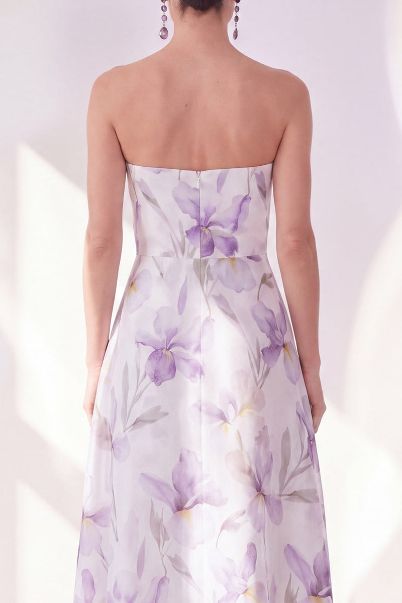 Laden Sie das Bild in den Galerie-Viewer, Lilac Flower A-Line trägerloses Chiffon-Midi-Kleid