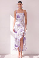 Laden Sie das Bild in den Galerie-Viewer, Fliederblüten-Spaghettiträger Chiffon-Scheide mit Rüschen Midi-Kleid mit Schlitz