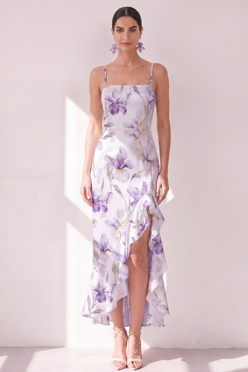Laden Sie das Bild in den Galerie-Viewer, Fliederblüten-Spaghettiträger Chiffon-Scheide mit Rüschen Midi-Kleid mit Schlitz