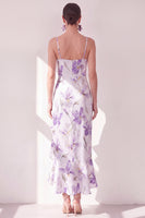 Laden Sie das Bild in den Galerie-Viewer, Fliederblüten-Spaghettiträger Chiffon-Scheide mit Rüschen Midi-Kleid mit Schlitz