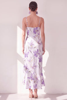 Fliederblüten-Spaghettiträger Chiffon-Scheide mit Rüschen Midi-Kleid mit Schlitz