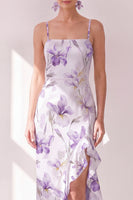 Laden Sie das Bild in den Galerie-Viewer, Fliederblüten-Spaghettiträger Chiffon-Scheide mit Rüschen Midi-Kleid mit Schlitz