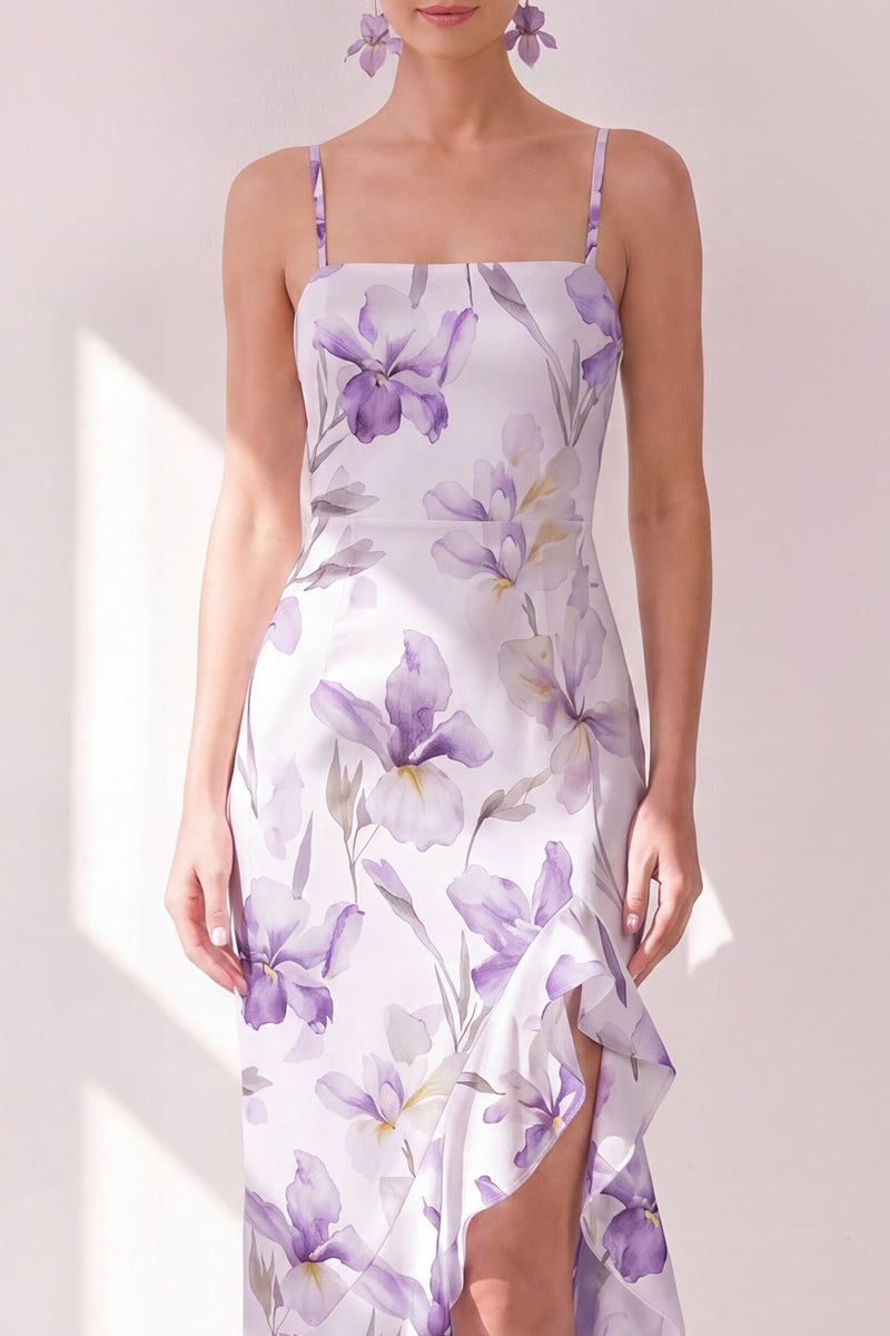 Laden Sie das Bild in den Galerie-Viewer, Fliederblüten-Spaghettiträger Chiffon-Scheide mit Rüschen Midi-Kleid mit Schlitz