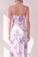 Laden Sie das Bild in den Galerie-Viewer, Fliederblüten-Spaghettiträger Chiffon-Scheide mit Rüschen Midi-Kleid mit Schlitz