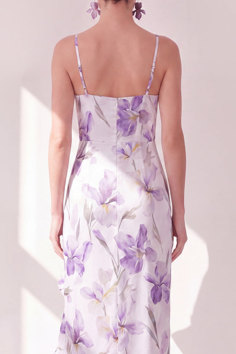 Laden Sie das Bild in den Galerie-Viewer, Fliederblüten-Spaghettiträger Chiffon-Scheide mit Rüschen Midi-Kleid mit Schlitz