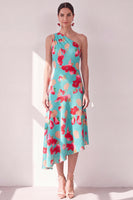 Laden Sie das Bild in den Galerie-Viewer, Blaurotes Blummen-A-Linien-Asymmetrisches Midi-Kleid mit einer Schulter
