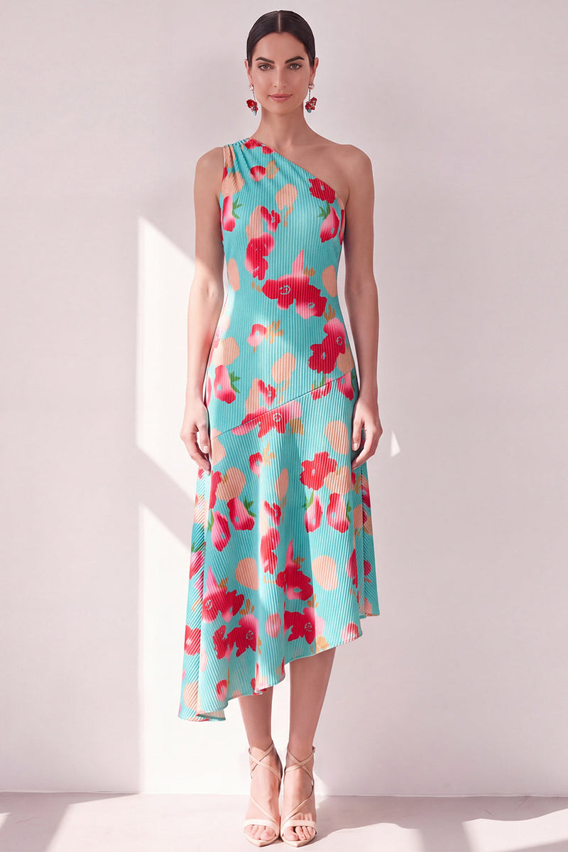 Laden Sie das Bild in den Galerie-Viewer, Blaurotes Blummen-A-Linien-Asymmetrisches Midi-Kleid mit einer Schulter