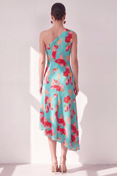 Blaurotes Blummen-A-Linien-Asymmetrisches Midi-Kleid mit einer Schulter