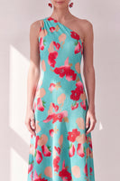 Laden Sie das Bild in den Galerie-Viewer, Blaurotes Blummen-A-Linien-Asymmetrisches Midi-Kleid mit einer Schulter