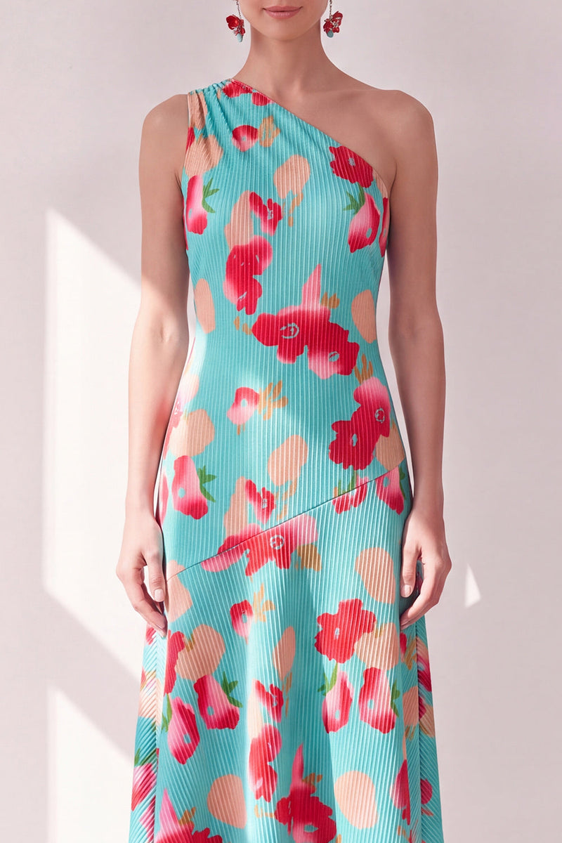 Laden Sie das Bild in den Galerie-Viewer, Blaurotes Blummen-A-Linien-Asymmetrisches Midi-Kleid mit einer Schulter