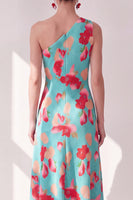 Laden Sie das Bild in den Galerie-Viewer, Blaurotes Blummen-A-Linien-Asymmetrisches Midi-Kleid mit einer Schulter