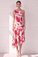Laden Sie das Bild in den Galerie-Viewer, Blaurotes Blummen-A-Linien-Asymmetrisches Midi-Kleid mit einer Schulter