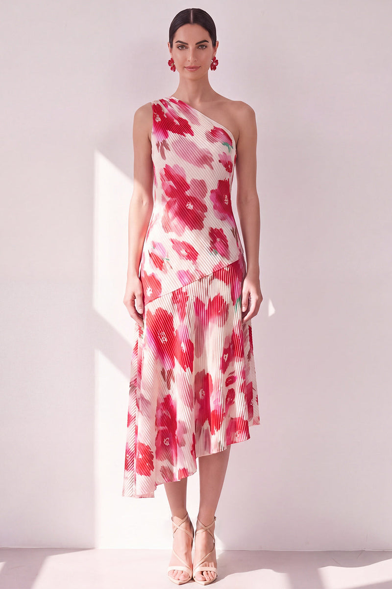 Laden Sie das Bild in den Galerie-Viewer, Blaurotes Blummen-A-Linien-Asymmetrisches Midi-Kleid mit einer Schulter