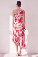 Laden Sie das Bild in den Galerie-Viewer, Blaurotes Blummen-A-Linien-Asymmetrisches Midi-Kleid mit einer Schulter