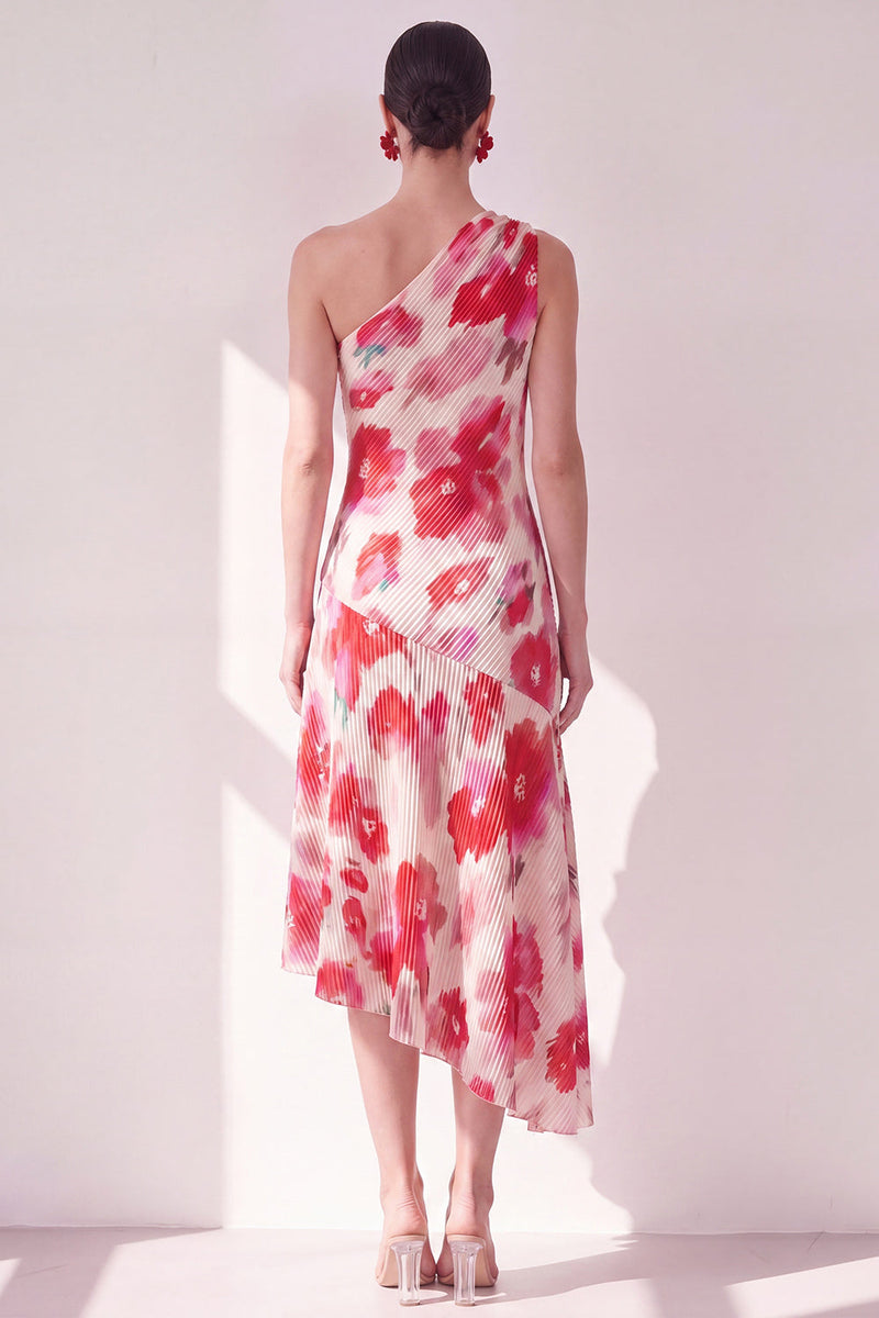 Laden Sie das Bild in den Galerie-Viewer, Blaurotes Blummen-A-Linien-Asymmetrisches Midi-Kleid mit einer Schulter