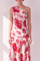 Laden Sie das Bild in den Galerie-Viewer, Blaurotes Blummen-A-Linien-Asymmetrisches Midi-Kleid mit einer Schulter
