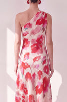 Laden Sie das Bild in den Galerie-Viewer, Blaurotes Blummen-A-Linien-Asymmetrisches Midi-Kleid mit einer Schulter