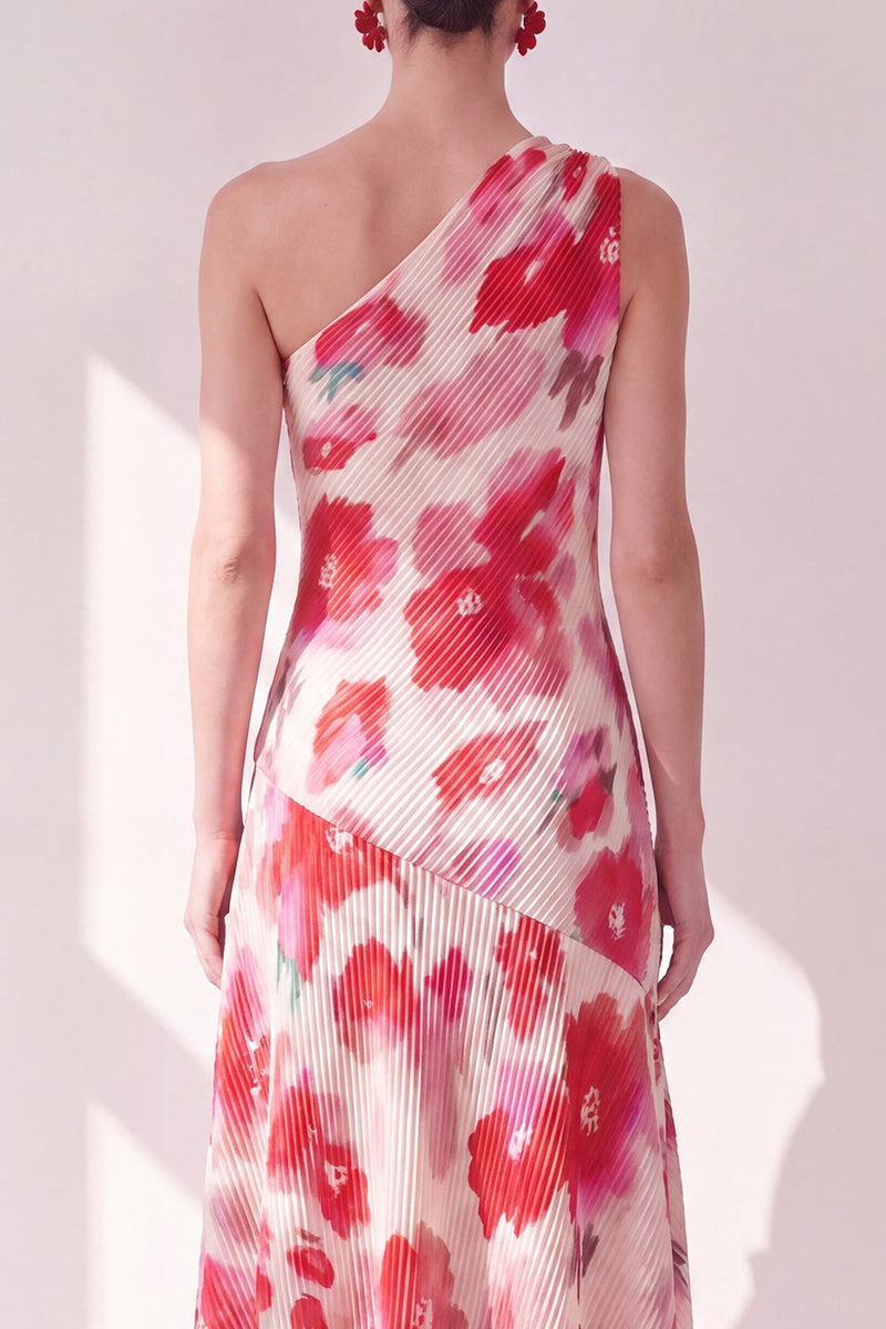 Laden Sie das Bild in den Galerie-Viewer, Blaurotes Blummen-A-Linien-Asymmetrisches Midi-Kleid mit einer Schulter