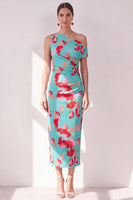 Laden Sie das Bild in den Galerie-Viewer, Blau-Rot-Blume Ein-Schulter-Bodycon gerafftes Midi-Kleid