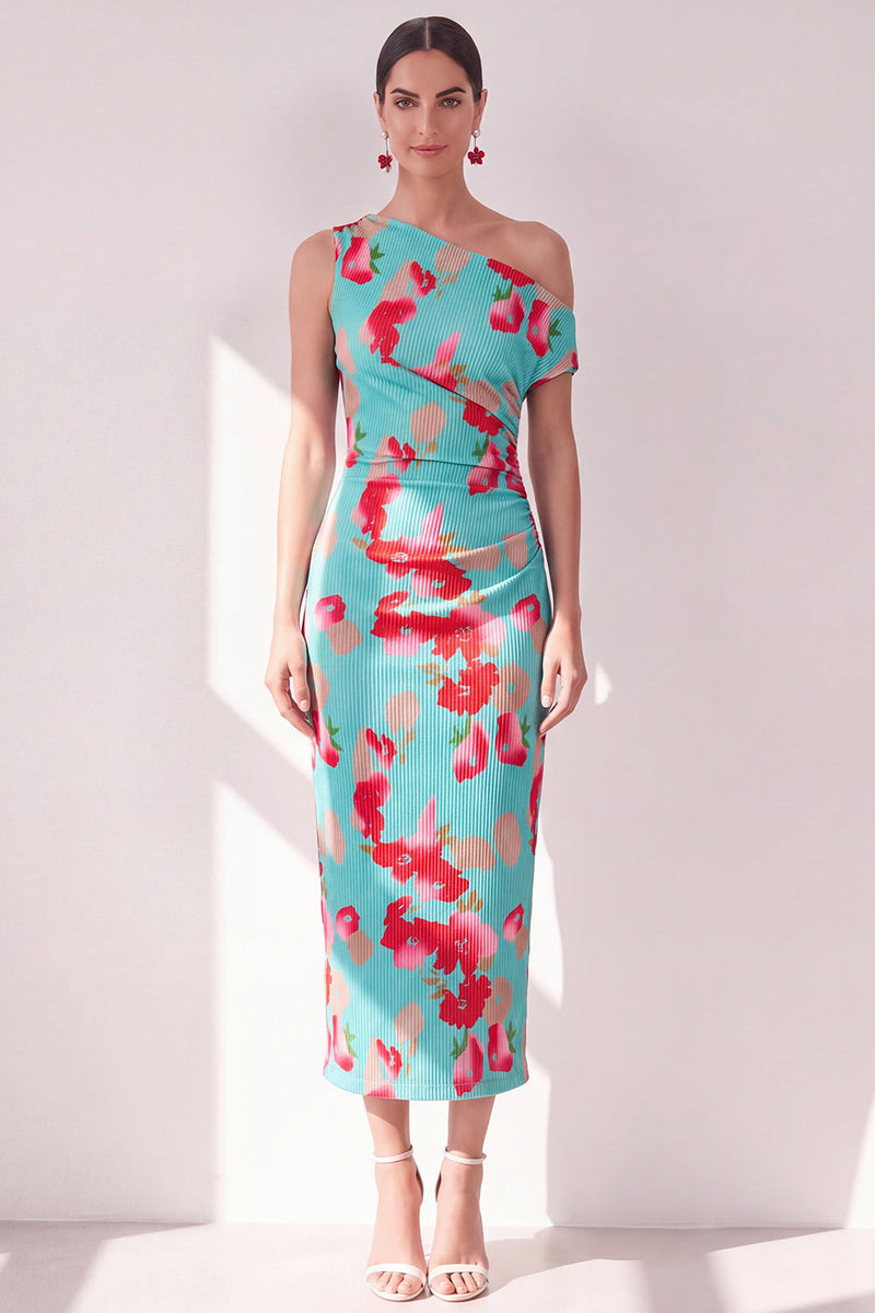Laden Sie das Bild in den Galerie-Viewer, Blau-Rot-Blume Ein-Schulter-Bodycon gerafftes Midi-Kleid