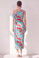 Laden Sie das Bild in den Galerie-Viewer, Blau-Rot-Blume Ein-Schulter-Bodycon gerafftes Midi-Kleid