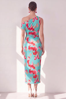 Blau-Rot-Blume Ein-Schulter-Bodycon gerafftes Midi-Kleid