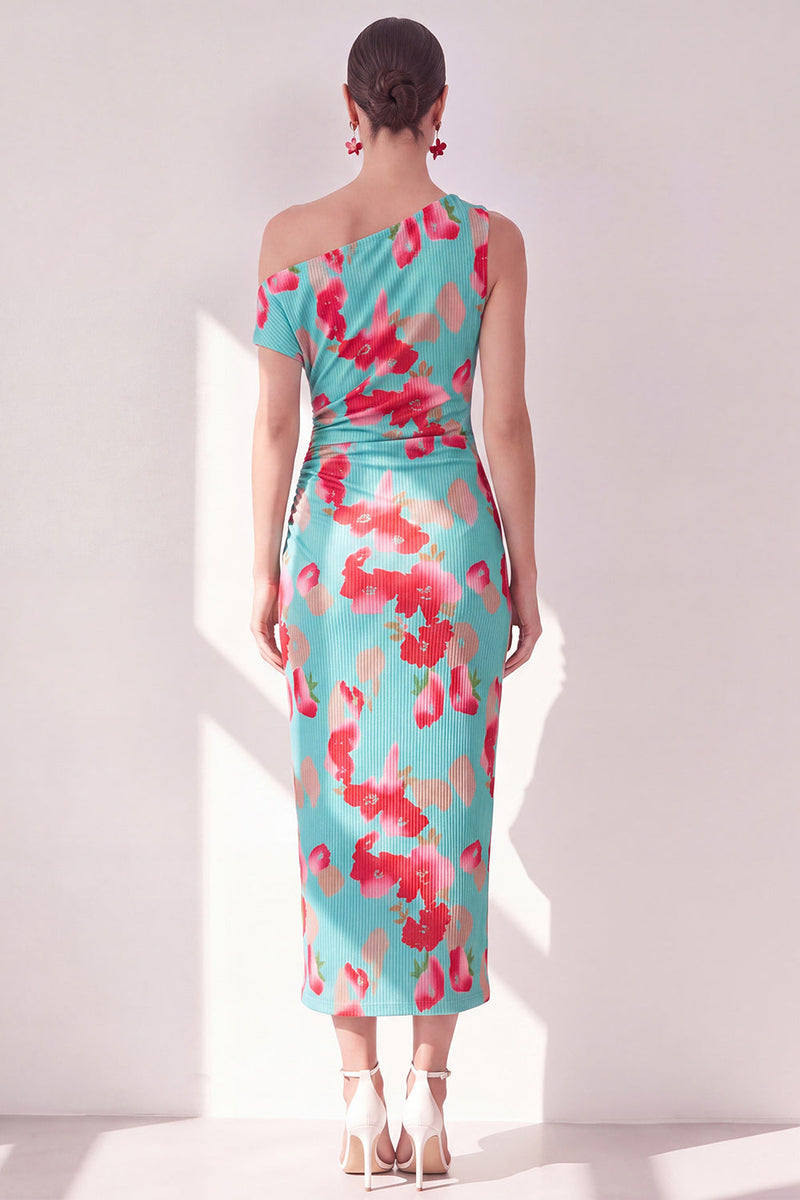 Laden Sie das Bild in den Galerie-Viewer, Blau-Rot-Blume Ein-Schulter-Bodycon gerafftes Midi-Kleid