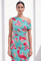 Laden Sie das Bild in den Galerie-Viewer, Blau-Rot-Blume Ein-Schulter-Bodycon gerafftes Midi-Kleid